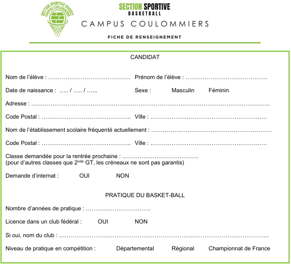 Dossier Candidature Section Sportive Basket - Rentrée 2026