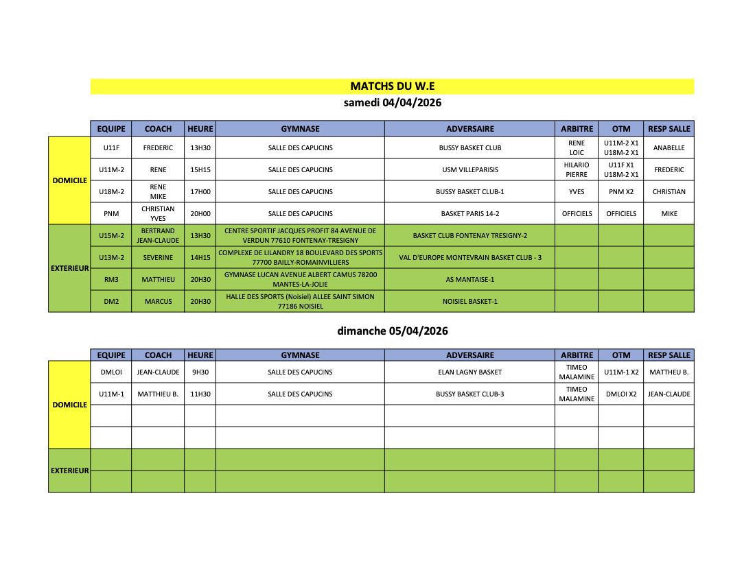 Match du week-end 04 et 05 avril
