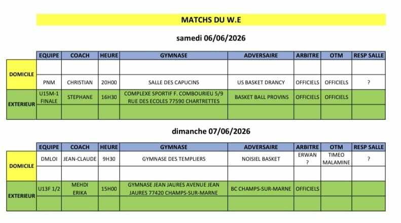 Match du week-end 06 et 07 juin