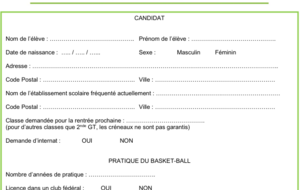 Dossier Candidature Section Sportive Basket - Rentrée 2026