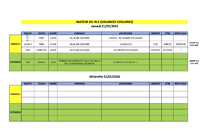 MATCHS DU W.E (VACANCES SCOLAIRES) 21 février