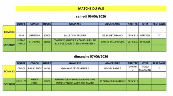 Match du week-end 06 et 07 juin