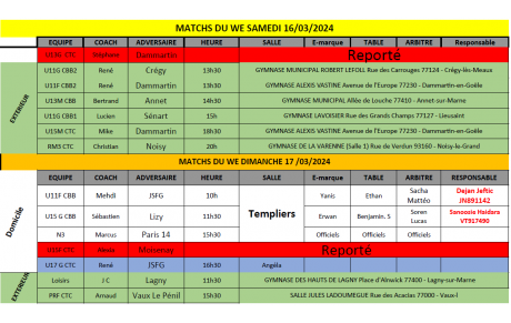 Match du Week-End du 16 et 17 mars