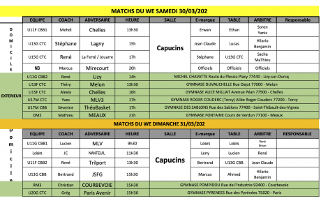 Match du Week-End du 30 et 31 mars