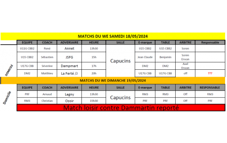 Match du Week-End du 18 et 19 mai
