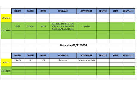 Match du Week-End du 02 et 03 novembre