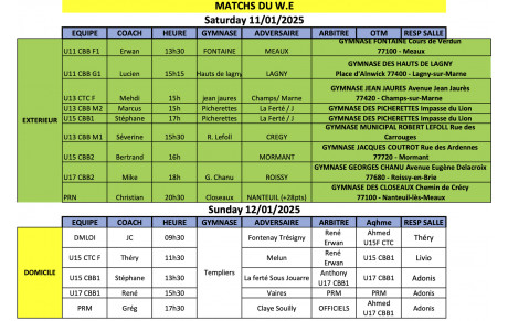 Match du Week-End du 11 et 12 janvier