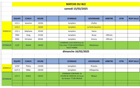 Match du Week-End 15 et 16 février
