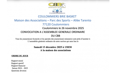CONVOCATION A L’ASSEMBLEE GENERALE ORDINAIRE DU CBB - Samedi 13 décembre 2025 à 13H30