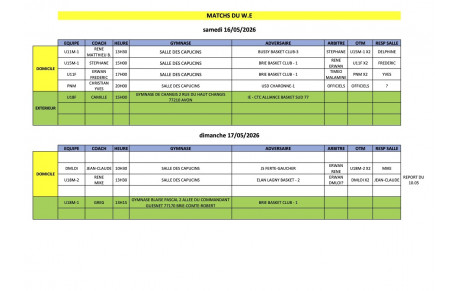 Match du week-end 16 et 17 mai